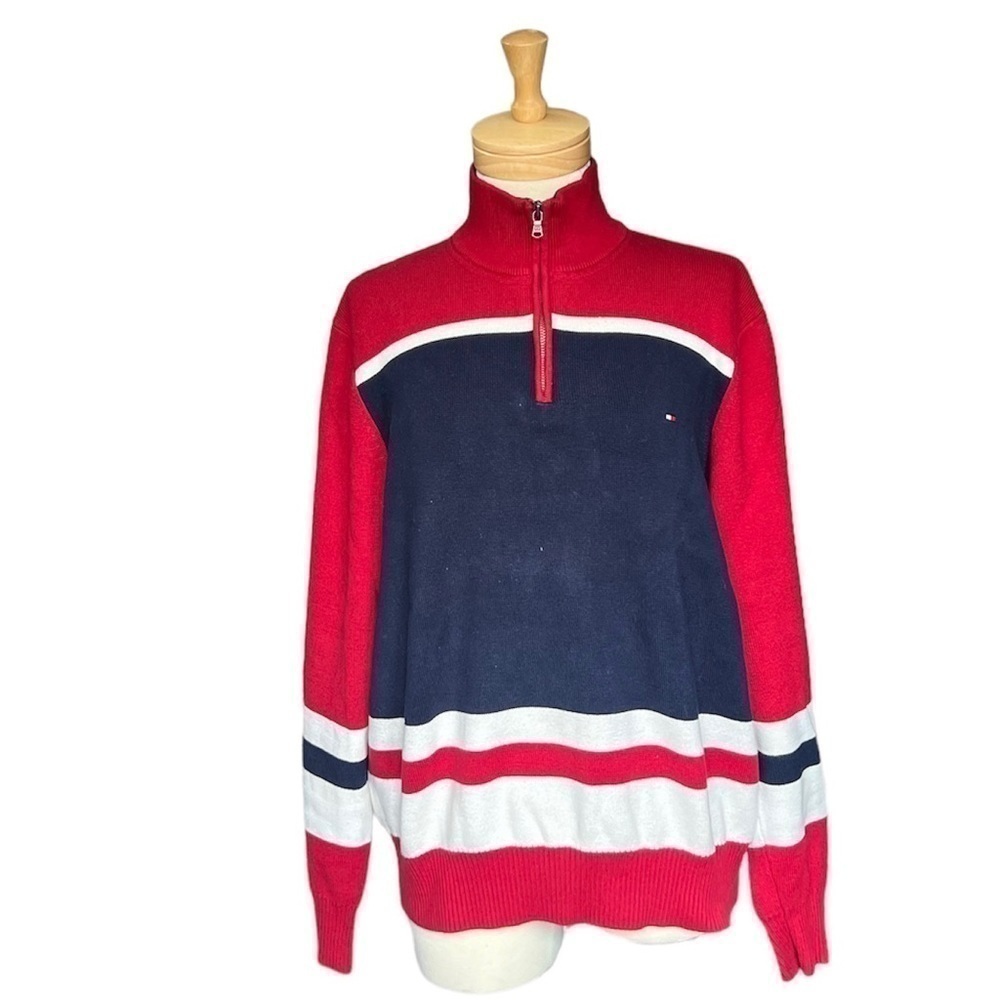 TOMMY Hilfiger Red-Blue Oversized Retro Striped Mock Neck Zip up Unisex Sweater.